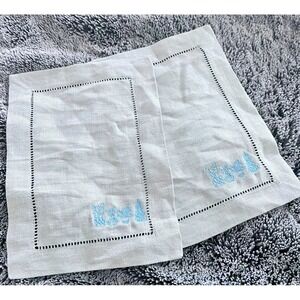 Sferra Vintage Embroidered Gray Linen Cocktail Napkins - Set of 2 Floral Napkins